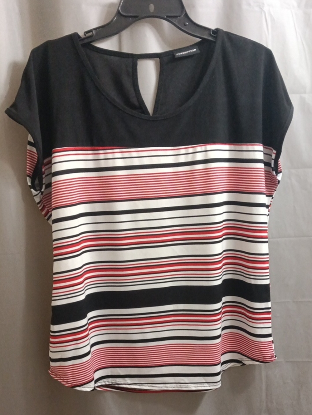 Perception Women's Black and Red Striped Short Sleeve Top
